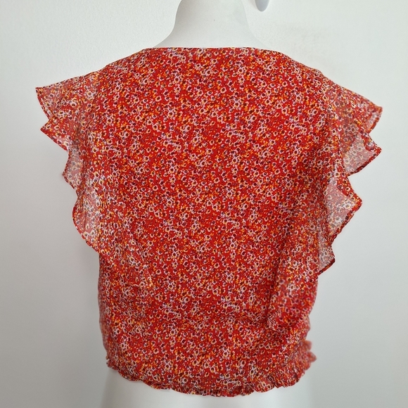 CeCe Red Ditsy Floral Ruffle Flutter Sleeve Blouse Size  XS - Picture 5 of 10